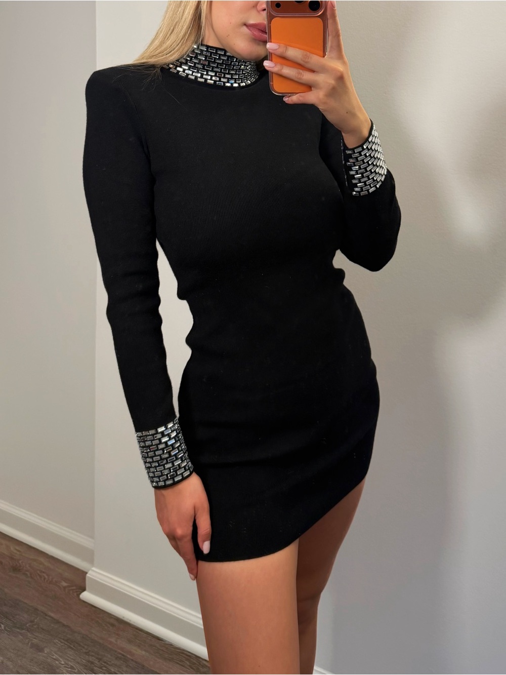 Retrofete Black Mini Dress with Silver Embellished Collar & Cuffs